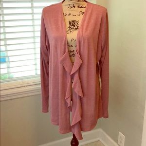 Pink shimmer sweater with ruffled open front